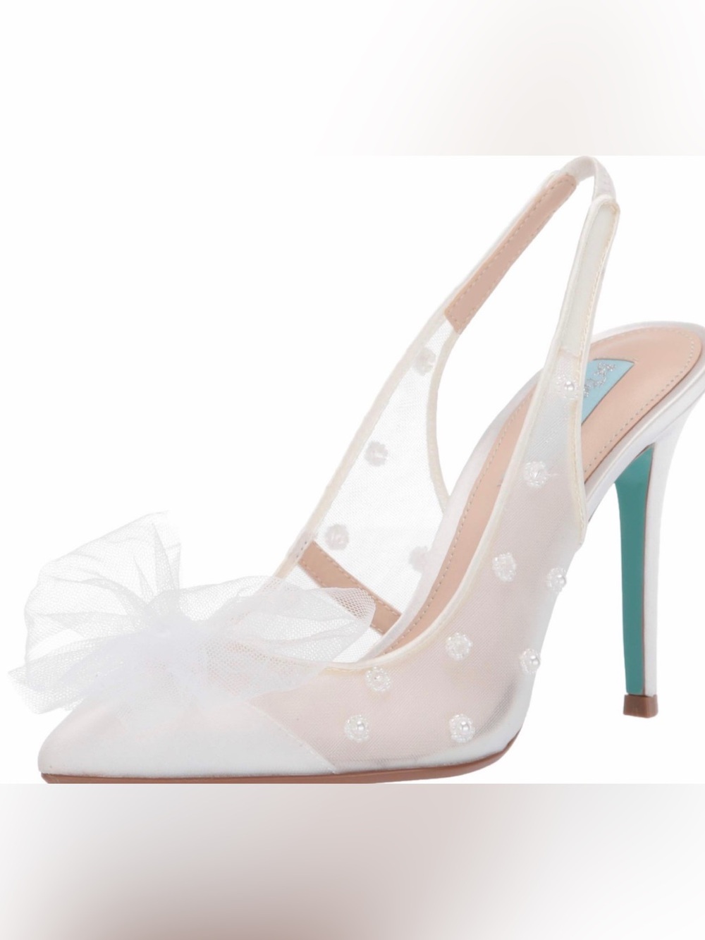 Betsey Johnson Abia White Mesh Slingback Heels with Tulle Bow and Pearl Accents